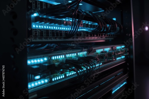 close-up of server rack with blinking lights and cables, created with generative ai