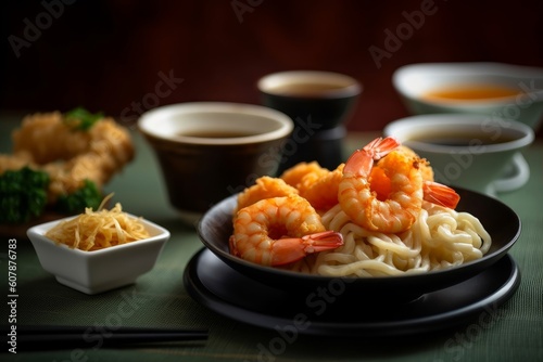Udon noodles with tempura shrimp and dipping sauce