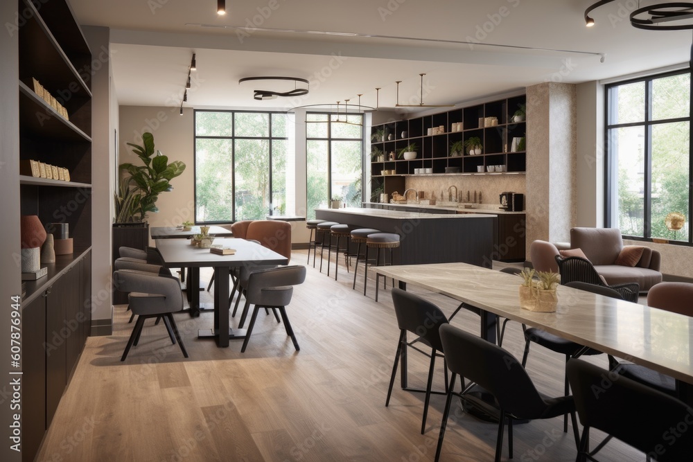 co-working space with communal kitchen and lounge area, perfect for collaboration, created with generative ai co-working space with communal kitchen and lounge area, perfect for collaboration, created with generative ai