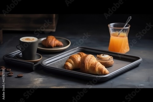 coffee break ritual in industrial workplace, with coffee and pastries on tray, created with generative ai