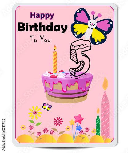 fifth birthday celebration Card with cake and butterfly