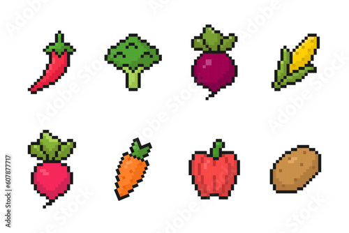 vegetables pixel art icon set, for mobile apps and game design, isolated retro game design, vector illustration