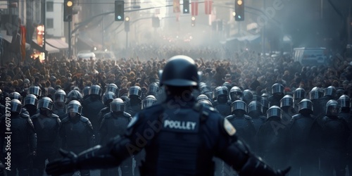 Police presence and riot control at a rally. Generative AI