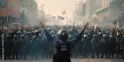 Police presence and riot control at a rally. Generative AI