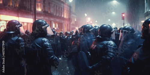 Police presence and riot control at a rally. Generative AI