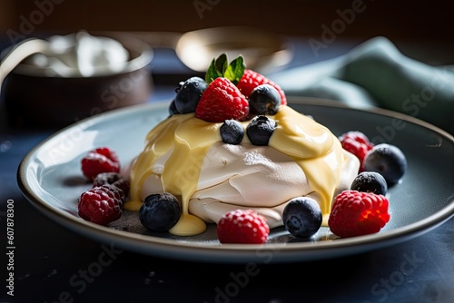 meringue nestled on bed of creamy custard and berries, created with generative ai
