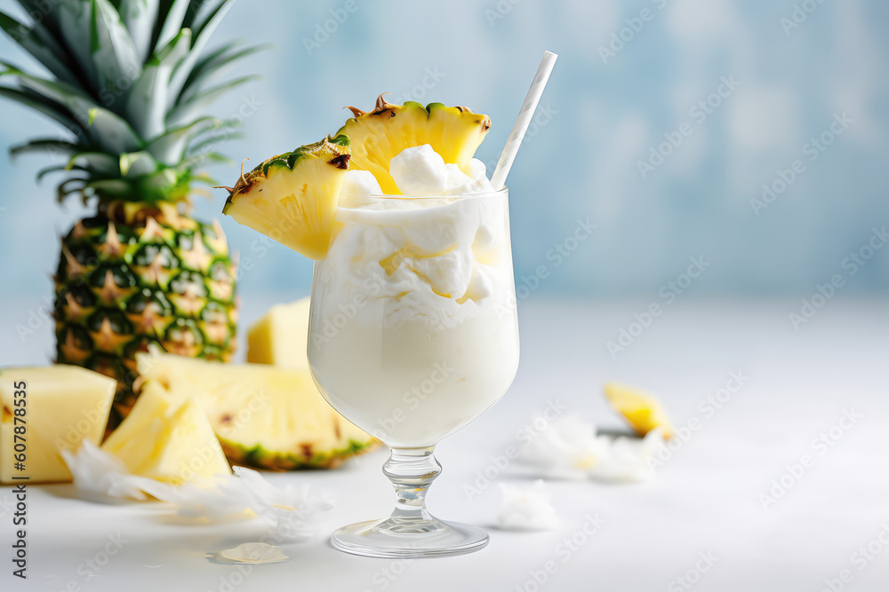 A traditional Caribbean pina colada cocktail in a glass, garnished with a slice of pineapple. Cold summer pina colada with whipped cream and tube. Generative AI photo imitation - obrazy, fototapety, plakaty 
