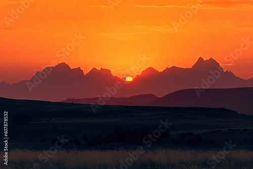 majestic mountain range  with fiery sunset in the background and silhouettes of peaks  created with generative ai