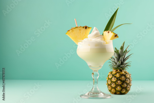 A traditional Caribbean pina colada cocktail in a glass, garnished with a slice of pineapple. Isolated on a green background with copy space. Cold summer pina colada with whipped cream. Generative AI 