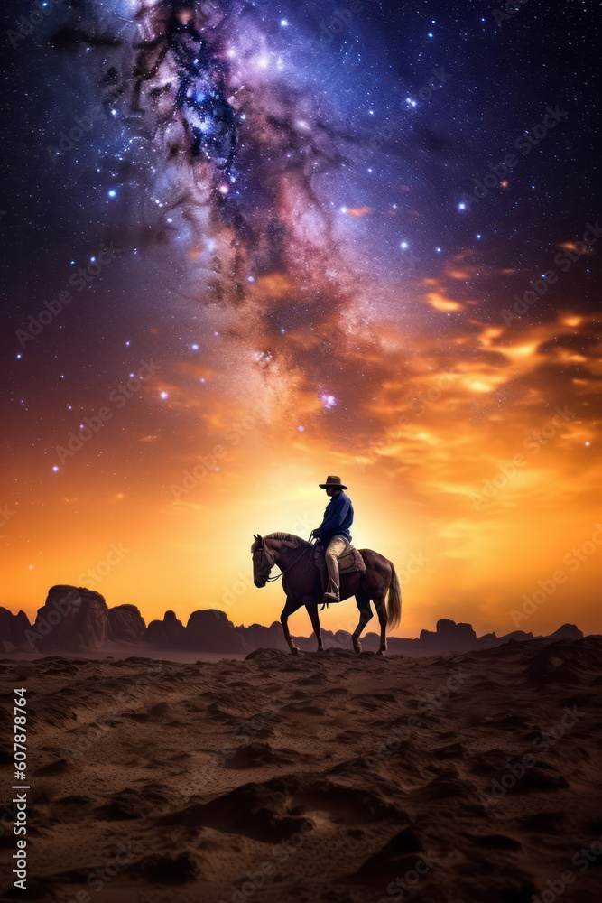 A Western Cowboy Riding Under the Milky Way Galaxy in the Desert, Generative AI