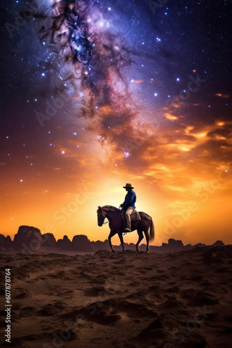 A Western Cowboy Riding Under the Milky Way Galaxy in the Desert, Generative AI © Kaare