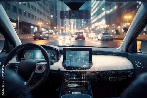 connected car with dashboard view of busy city street, filled with people and traffic, created with generative ai © altitudevisual