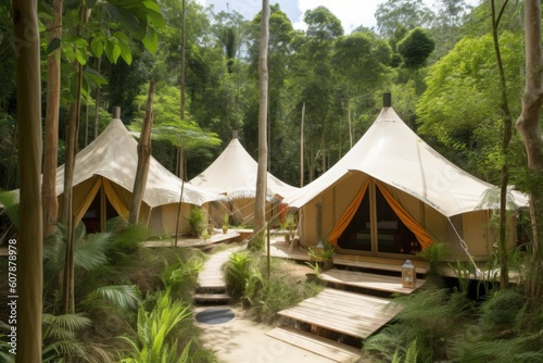 eco-friendly resort with room categories, including tents and eco-yurts, created with generative ai