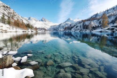 crystal-clear lake surrounded by snow-covered mountains in winter, created with generative ai