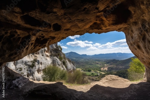 cave in mountain, with view of the surrounding landscape and blue sky, created with generative ai © altitudevisual