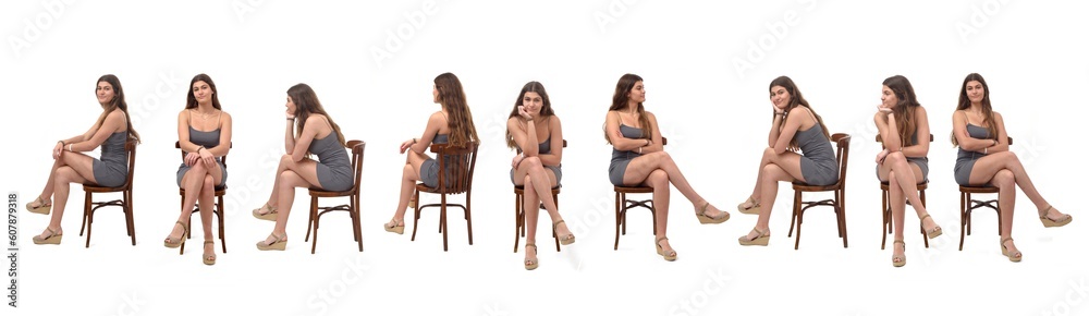 various poses of same group young girl sitting on chair with cross legged on white background