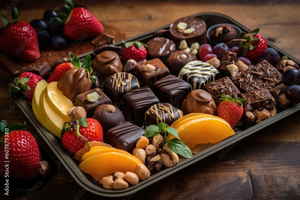 a tray of assorted fruits, nuts and chocolates dipped in melted chocolate, created with generative ai