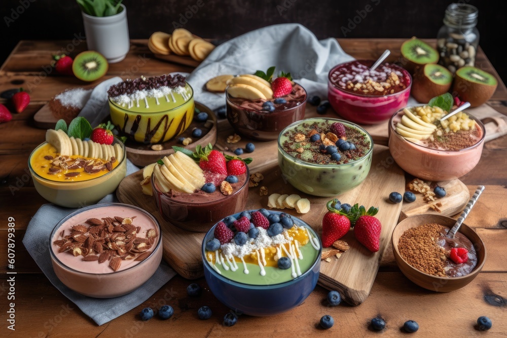 collection of smoothie bowls, each with unique toppings and mix-ins, created with generative ai