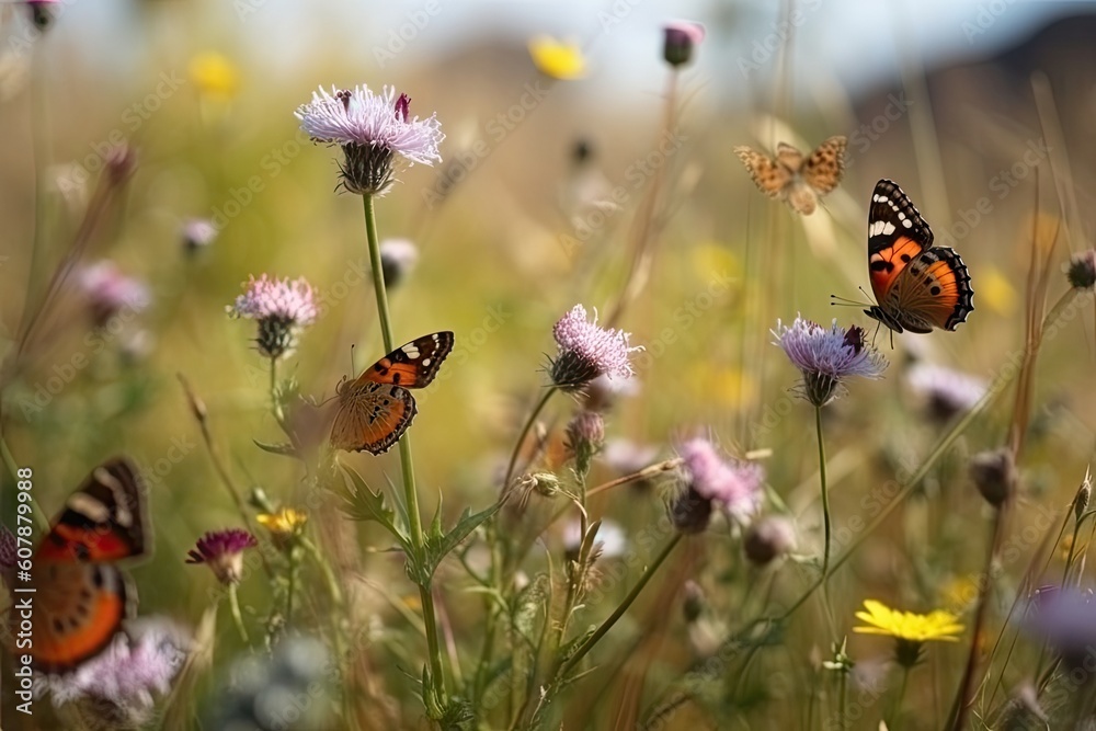 butterflies fluttering in the meadow, landing on flowers, created with generative ai butterflies fluttering in the meadow, landing on flowers, created with generative ai