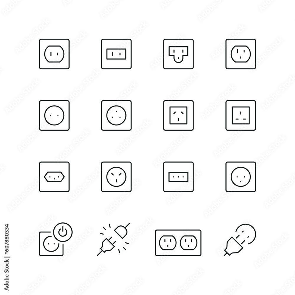 Vector line set of icons related with electrical sockets. Contains monochrome icons like socket, electric, outlet and more. Simple outline sign.