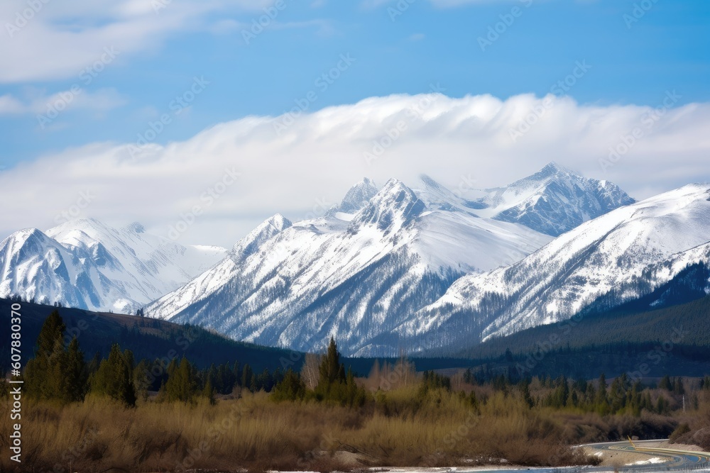 majestic mountain range, with snow-covered peaks and rushing rivers, viewed from the road, created with generative ai