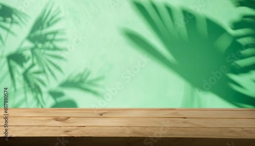 Empty wooden table on green color wall background. Backdrop for product display with leaf shadows on the wall and light reflections. Mock up for presentation  brand products  Generative AI