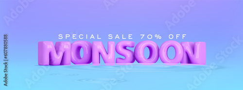 Monsoon season rain sale banner. 3d balloon monsoon text on blue background. Vector cartoon illustration for promotion, discount, web header, coupon
