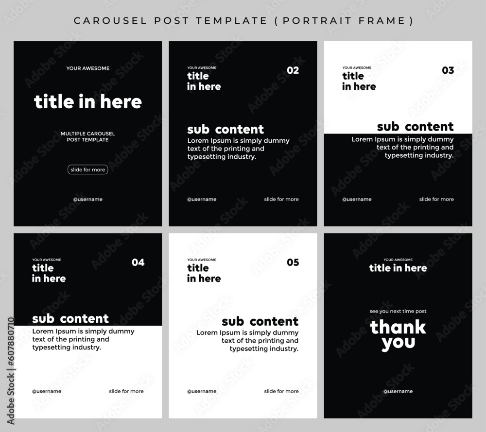Carousel post template for social media. Microblog style, six page, portrait frame, modern simple minimalist style with black and white color theme.
