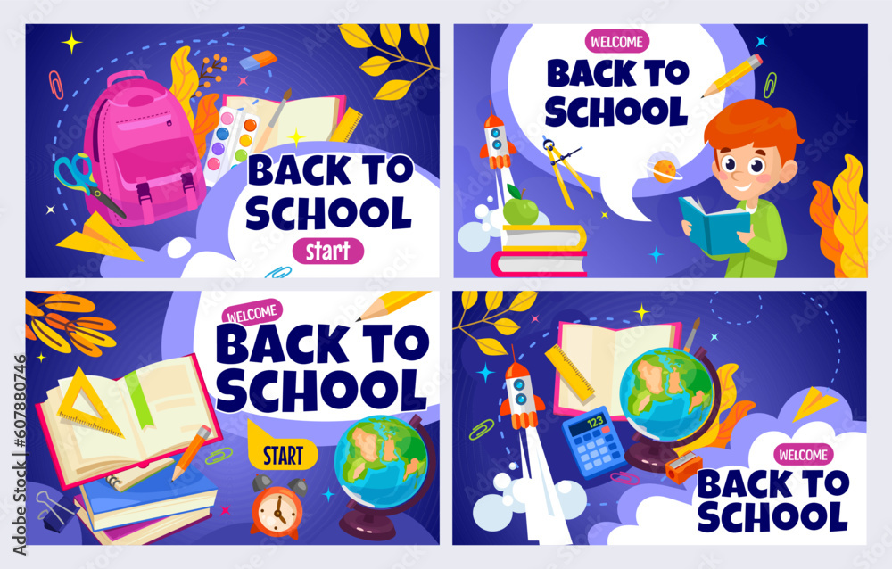 Back to school banner set. Colorful back to school templates for invitation, poster, banner, promotion, sale, and web ad. School supplies cartoon illustration. Vector back to school design templates.