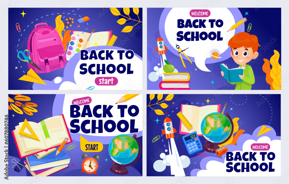 Fototapeta premium Back to school banner set. Colorful back to school templates for invitation, poster, banner, promotion, sale, and web ad. School supplies cartoon illustration. Vector back to school design templates.