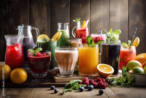 selection of summer drinks, including cocktails, smoothies and juices, created with generative ai