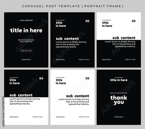 Carousel post template for social media. Microblog style, six page, portrait frame, modern simple minimalist style with black and white color theme.