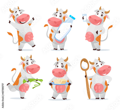 Set of cute cow characters isolated on white background. Icons of a happy cow holding a milk bottle, butter, a big spoon, glass and grass for logo or product design. Cartoon vector illustration.