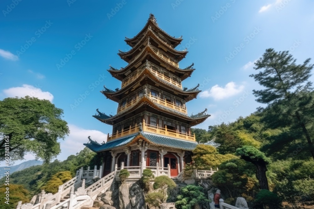 majestic china pagoda with gilded lanterns and intricate stone carvings against the blue sky, created with generative ai