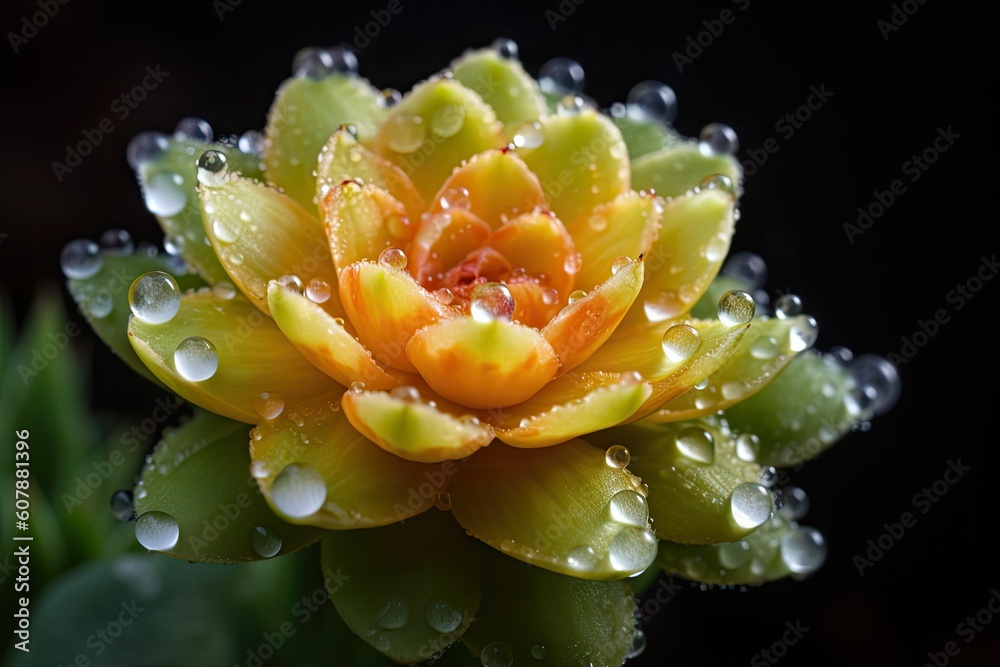 close-up of blooming succulent, with dew drops on the petals, created with generative ai close-up of blooming succulent, with dew drops on the petals, created with generative ai