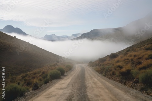 remote mountain road, surrounded by clouds and mist, with view of distant peaks, created with generative ai © altitudevisual