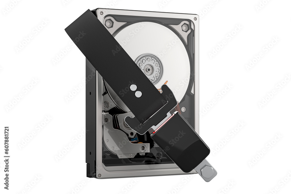 Hard Disk Drive HDD with safety belt. Security and protection concept, 3D rendering Hard Disk Drive HDD with safety belt. Security and protection concept, 3D rendering