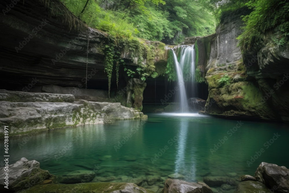Fototapeta premium natural rock formation with a waterfall and pool of water, created with generative ai