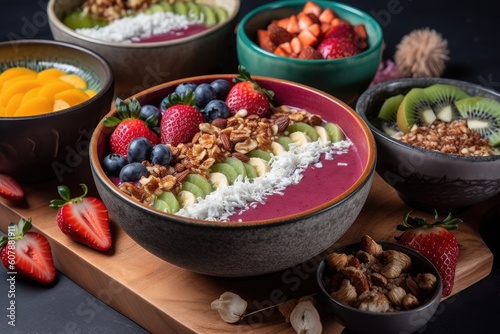 smoothie bowl with mix-in toppings  such as granola  fresh fruit and nuts  created with generative ai