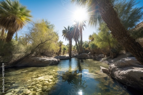 desert oasis with clear blue sky and sunlight shining through the trees  created with generative ai