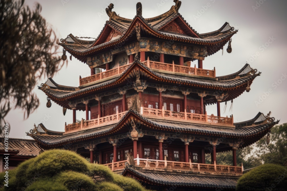 close-up of china pagoda, with intricate details visible, created with generative ai close-up of china pagoda, with intricate details visible, created with generative ai