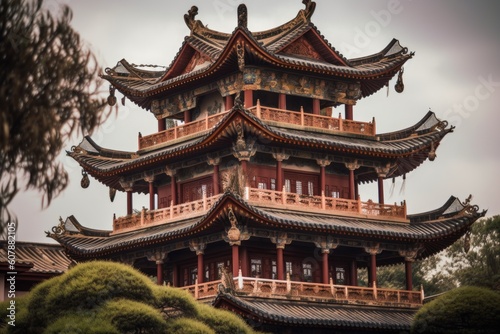 close-up of china pagoda, with intricate details visible, created with generative ai