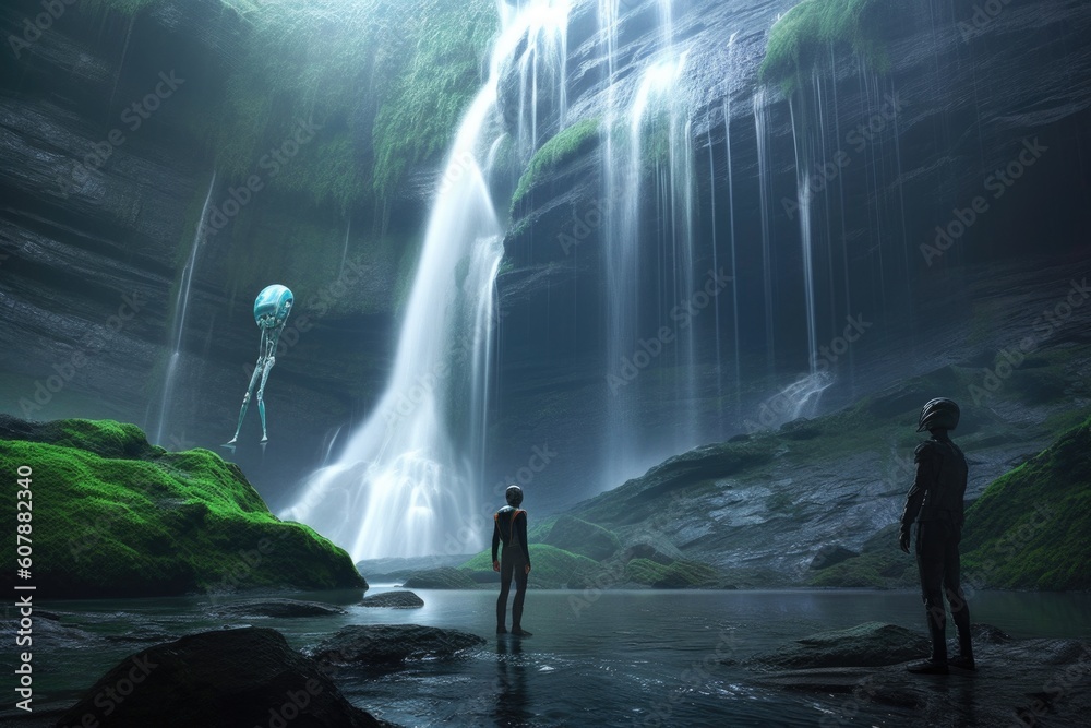alien admiring view of majestic waterfall, with its futuristic technology in the background, created with generative ai