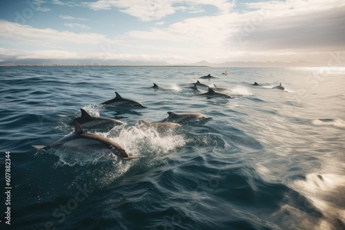a pod of dolphins swimming in the open ocean, created with generative ai © altitudevisual