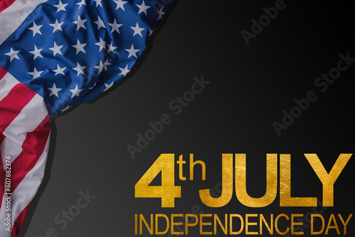 Happy 4th Of July USA Independence Day Text Space black Background. Golden texture.