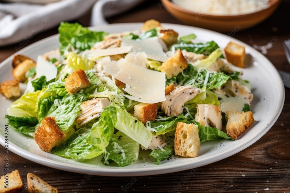 stylish plate of chicken caesar salad with croutons, parmesan cheese, and homemade dressing, created with generative ai stylish plate of chicken caesar salad with croutons, parmesan cheese, and homemade dressing, created with generative ai