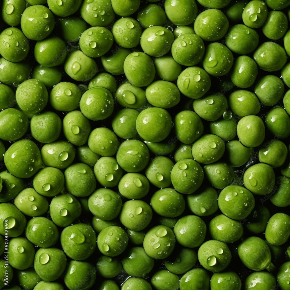 Fondo con detalle y textura de multitud de guisantes de color verde, con gotas de frescor Fondo con detalle y textura de multitud de guisantes de color verde, con gotas de frescor