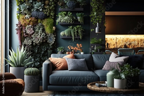 vertical garden with flowering vines and succulent plants on wall in cozy living room, created with generative ai