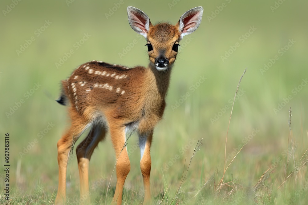 baby antelope standing on wobbly legs in the open plains, created with generative ai