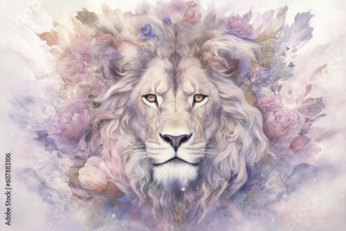 dreamlike watercolor lion print where the lion appears almost mystical. soft  pastel colors like lavender  blush pink  and pale blue to create a serene and otherworldly atmosphere
